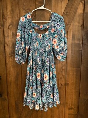 Umgee Teal Floral & Leopard Print Smocked Dress